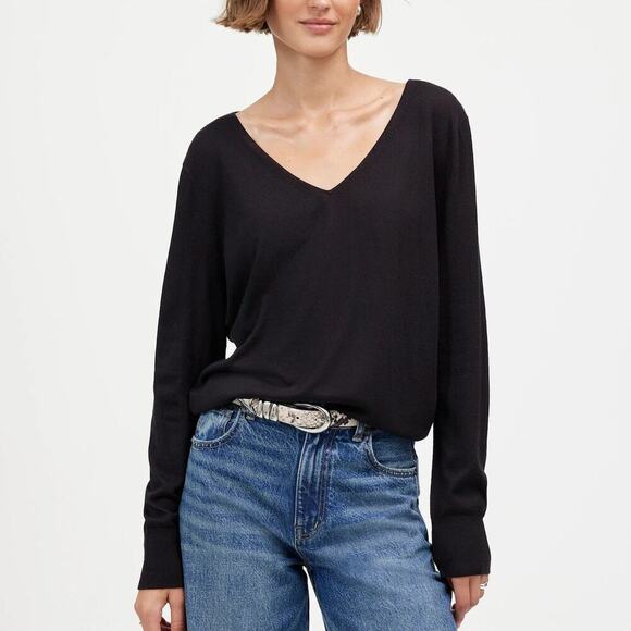Madewell Sweater Merino Wool-Silk Blend V-Neck Long Sleeve True Black NWT Medium - Picture 1 of 8